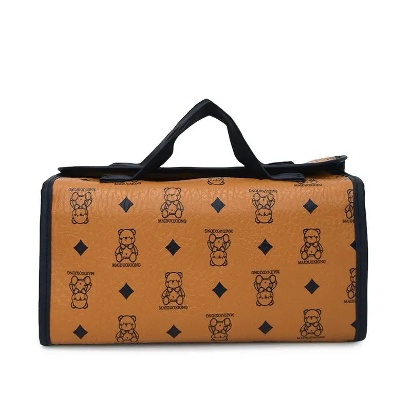 Tas Kosmetik Bahan PU Sintetis Motif Print Warna Kuning Bentuk Kotak Tali Lebar Grosir Import
