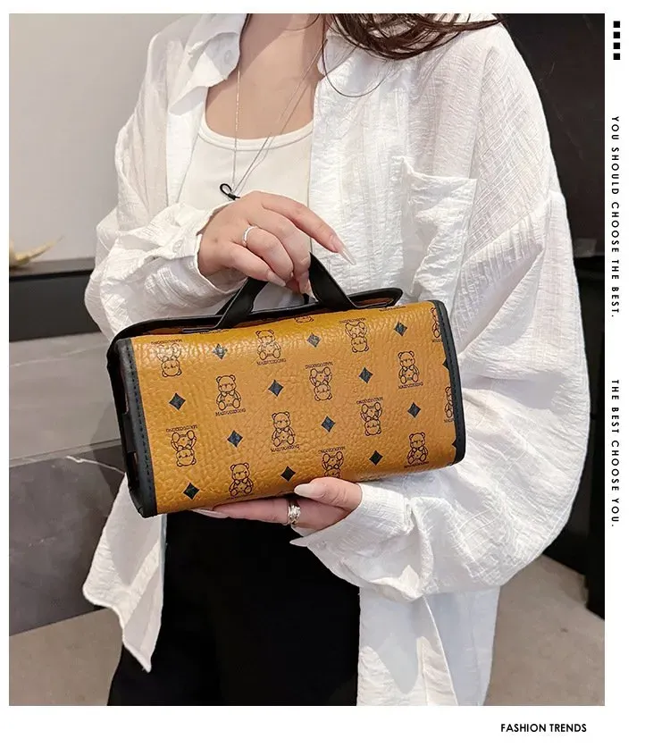 Tas Kosmetik Bahan PU Sintetis Motif Print Warna Kuning Bentuk Kotak Tali Lebar Grosir Import