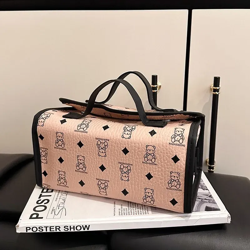 Tas Kosmetik Bahan PU Sintetis Motif Print Warna Kuning Bentuk Kotak Tali Lebar Grosir Import