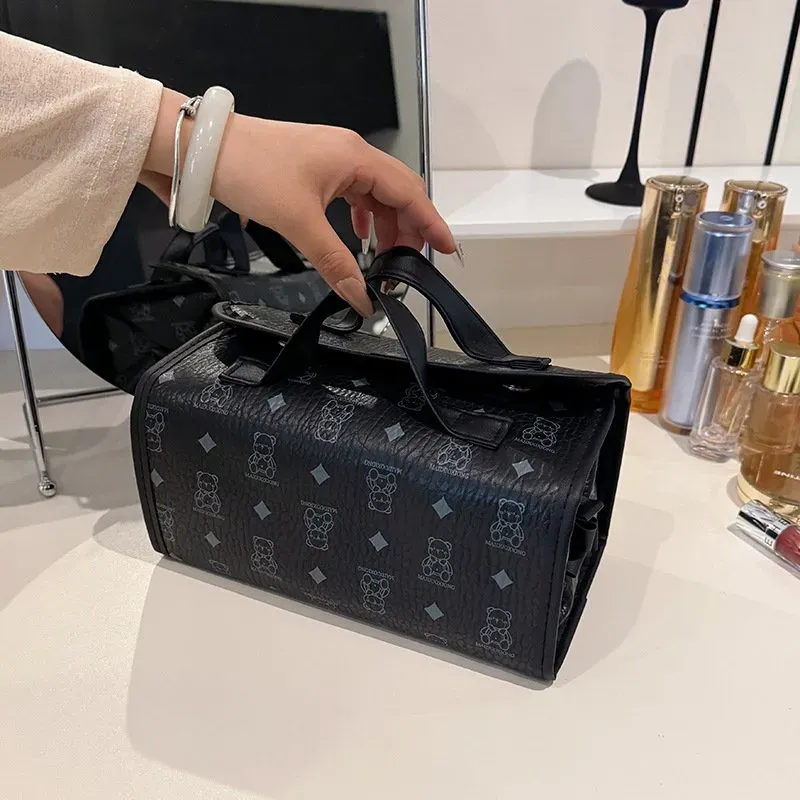 Tas Kosmetik Bahan PU Sintetis Motif Print Warna Kuning Bentuk Kotak Tali Lebar Grosir Import