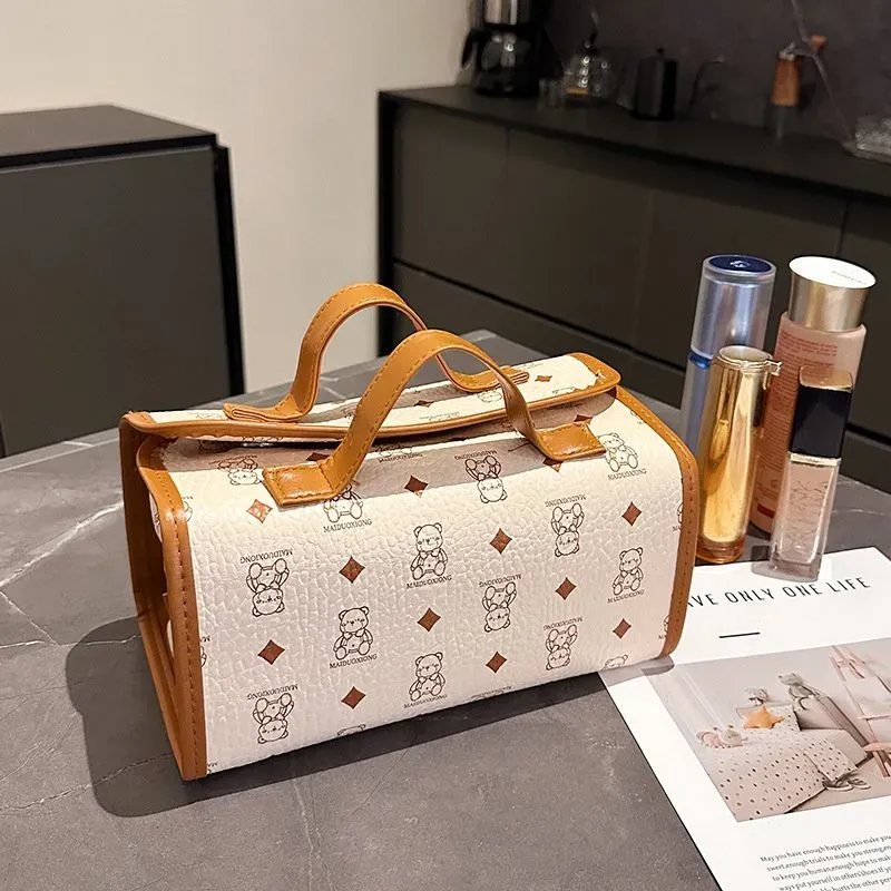 Tas Kosmetik Bahan PU Sintetis Motif Print Warna Kuning Bentuk Kotak Tali Lebar Grosir Import