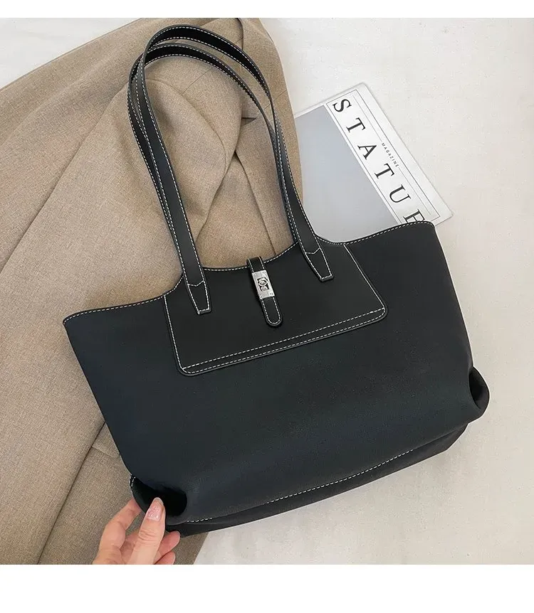 Tas Tote Wanita Bahan PU Sintetis Polos Warna Hitam Bentuk Kotak Tali Lebar Resleting Grosir