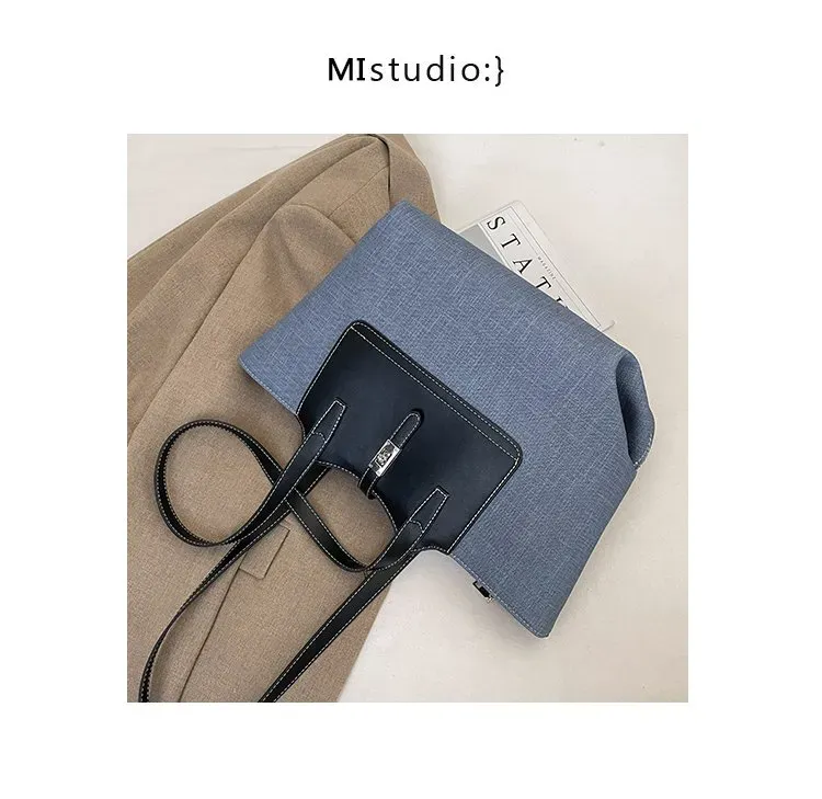 Tas Tote Wanita Bahan PU Sintetis Polos Warna Hitam Bentuk Kotak Tali Lebar Resleting Grosir