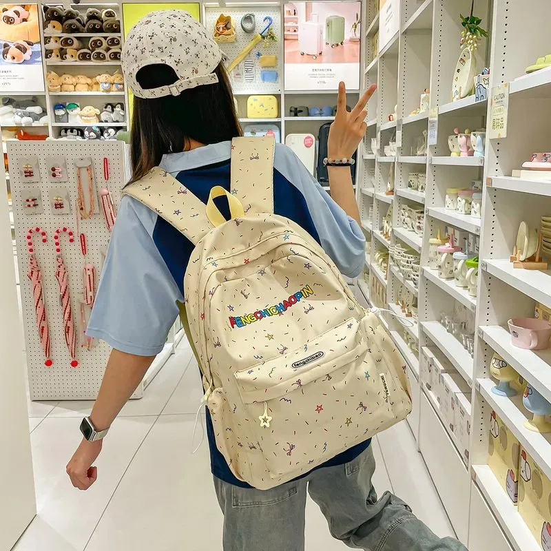 Tas Ransel Wanita Bahan Oxford Motif Print Bentuk Kotak Tali Lebar Resleting Pilihan Reseller