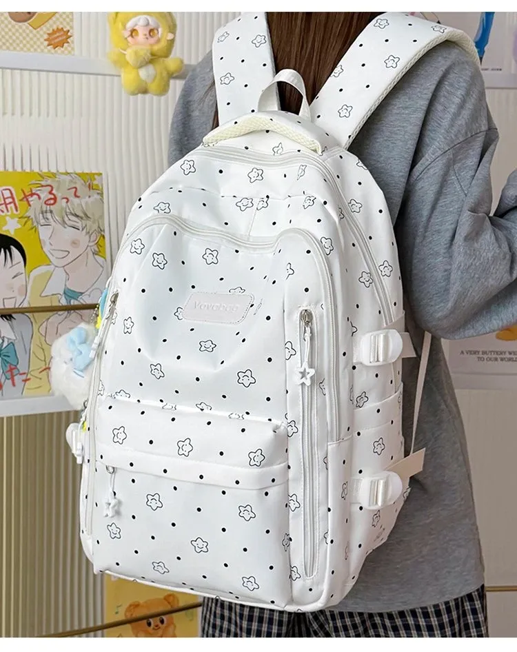 Tas Ransel Wanita Bahan Nylon Motif Polkadot Warna Putih Bentuk Kotak Tali Grosir Import