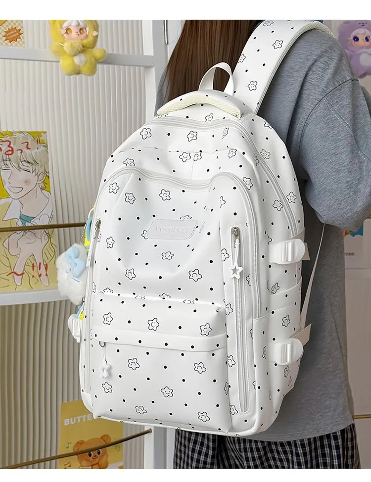 Tas Ransel Wanita Bahan Nylon Motif Polkadot Warna Putih Bentuk Kotak Tali Grosir Import
