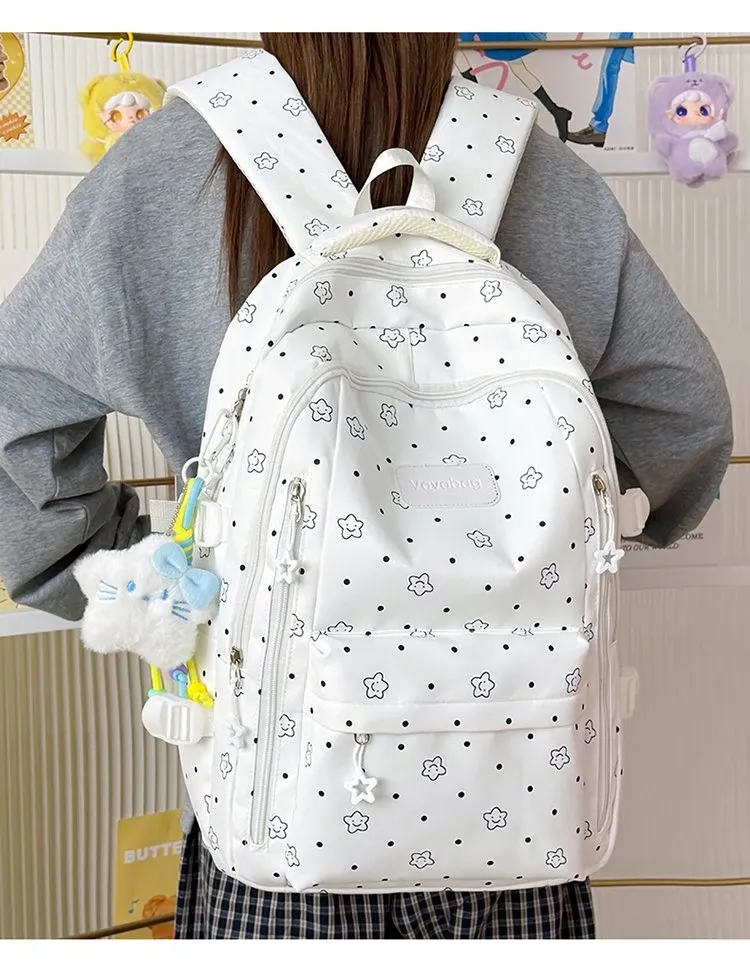 Tas Ransel Wanita Bahan Nylon Motif Polkadot Warna Putih Bentuk Kotak Tali Grosir Import