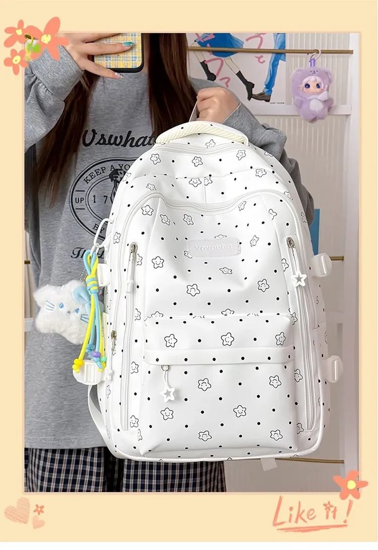 Tas Ransel Wanita Bahan Nylon Motif Polkadot Warna Putih Bentuk Kotak Tali Grosir Import