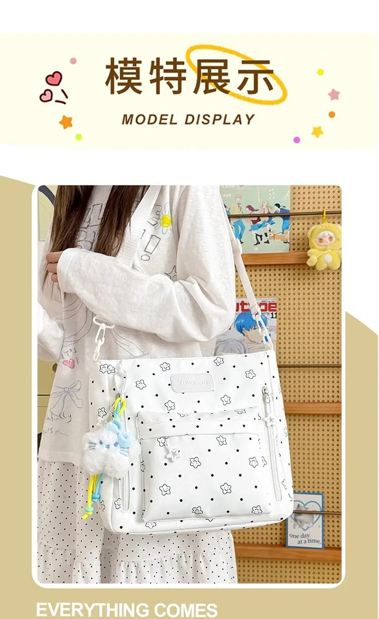 Tas Ransel Wanita Bahan Nylon Motif Polkadot Warna Putih Bentuk Kotak Tali Grosir Import