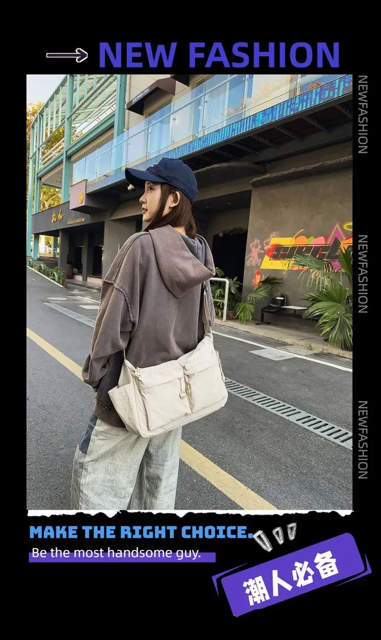 Tas Selempang Pria Bahan Nylon Polos Warna Hitam Bentuk Kotak Tali Panjang Resleting Grosir