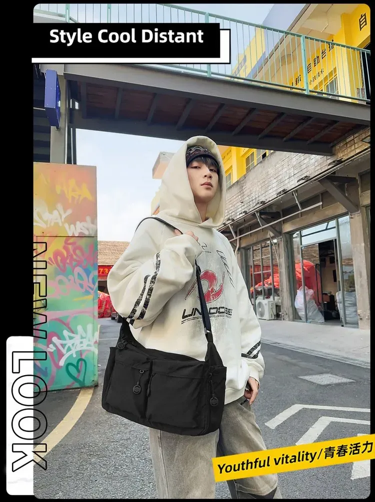 Tas Selempang Pria Bahan Nylon Polos Warna Hitam Bentuk Kotak Tali Panjang Resleting Grosir
