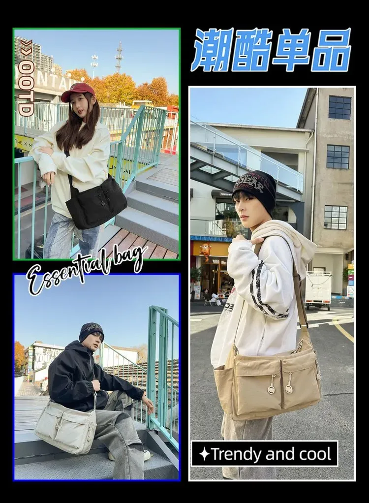 Tas Selempang Pria Bahan Nylon Polos Warna Hitam Bentuk Kotak Tali Panjang Resleting Grosir