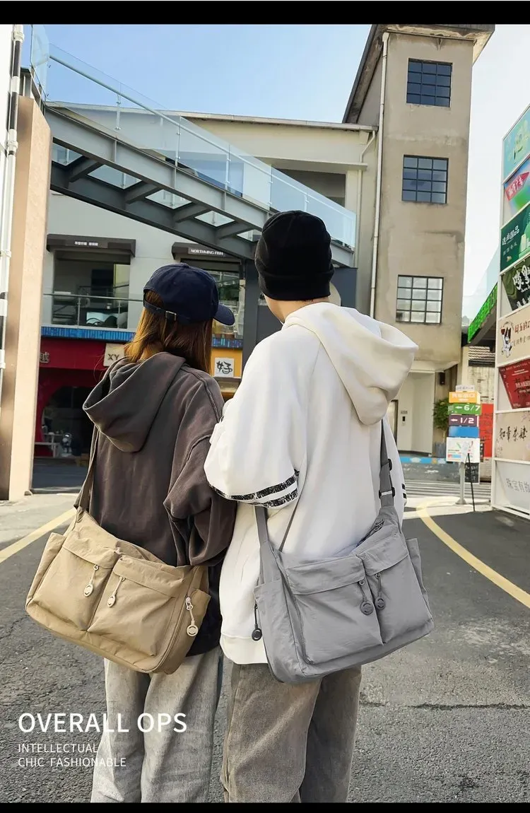 Tas Selempang Pria Bahan Nylon Polos Warna Hitam Bentuk Kotak Tali Panjang Resleting Grosir