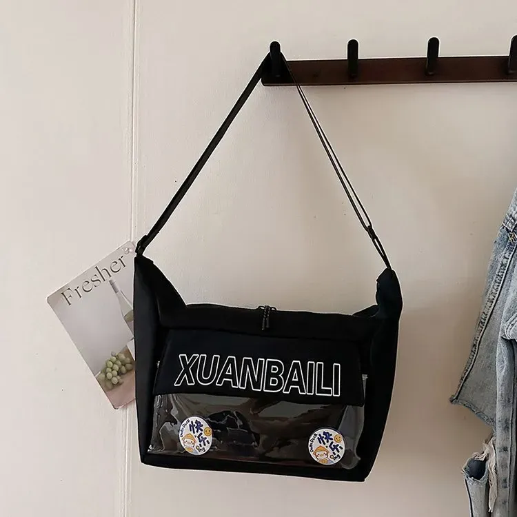 Tas Selempang Wanita Bahan Nylon Polos Warna Hitam Bentuk Kotak Tali Panjang Resleting Grosir