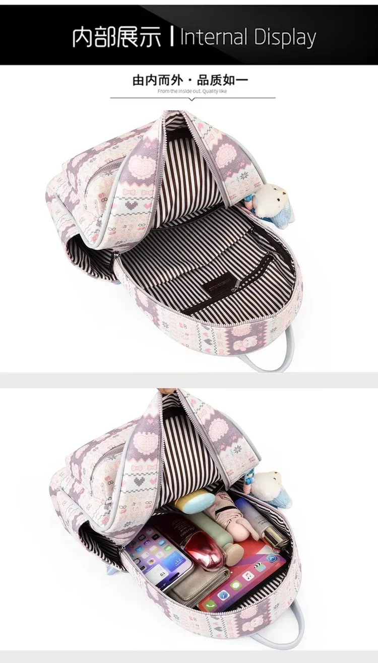 Tas Ransel Wanita Bahan PU Sintetis Motif Print Warna Putih Bentuk Kotak Tali Dengan Gantungan