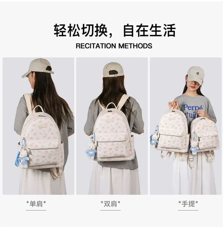 Tas Ransel Wanita Bahan PU Sintetis Motif Print Warna Putih Bentuk Kotak Tali Dengan Gantungan