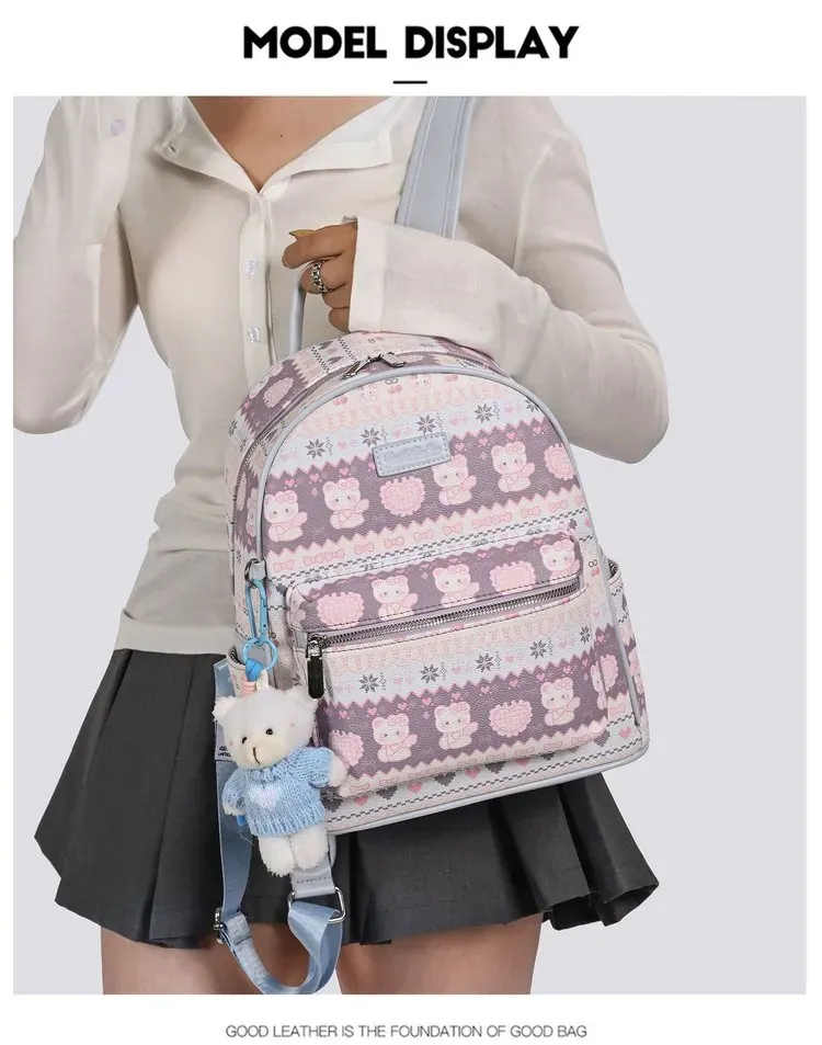 Tas Ransel Wanita Bahan PU Sintetis Motif Print Warna Putih Bentuk Kotak Tali Dengan Gantungan