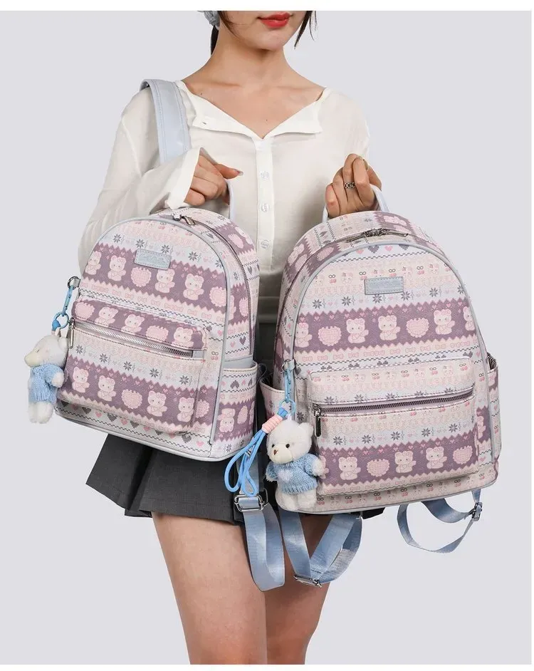 Tas Ransel Wanita Bahan PU Sintetis Motif Print Warna Putih Bentuk Kotak Tali Dengan Gantungan