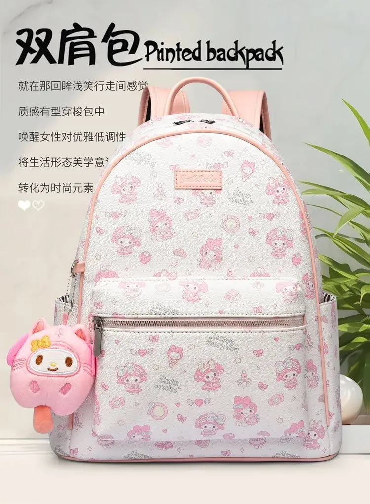 Tas Ransel Wanita Bahan PU Sintetis Motif Print Warna Putih Bentuk Kotak Tali Dengan Gantungan