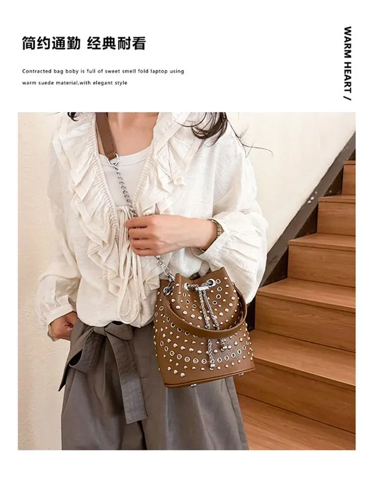 Tas Bucket Wanita Bahan PU Sintetis Motif Print Bentuk Bucket Tali Panjang untuk Reseller