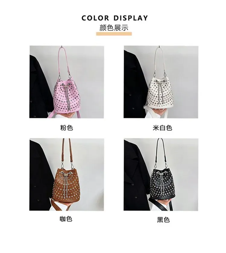 Tas Bucket Wanita Bahan PU Sintetis Motif Print Bentuk Bucket Tali Panjang untuk Reseller
