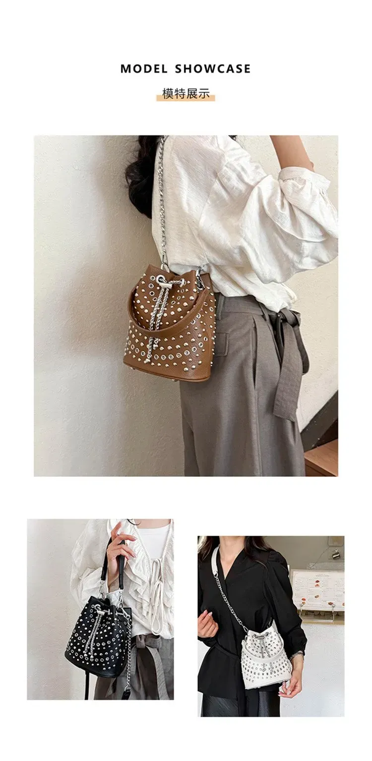 Tas Bucket Wanita Bahan PU Sintetis Motif Print Bentuk Bucket Tali Panjang untuk Reseller