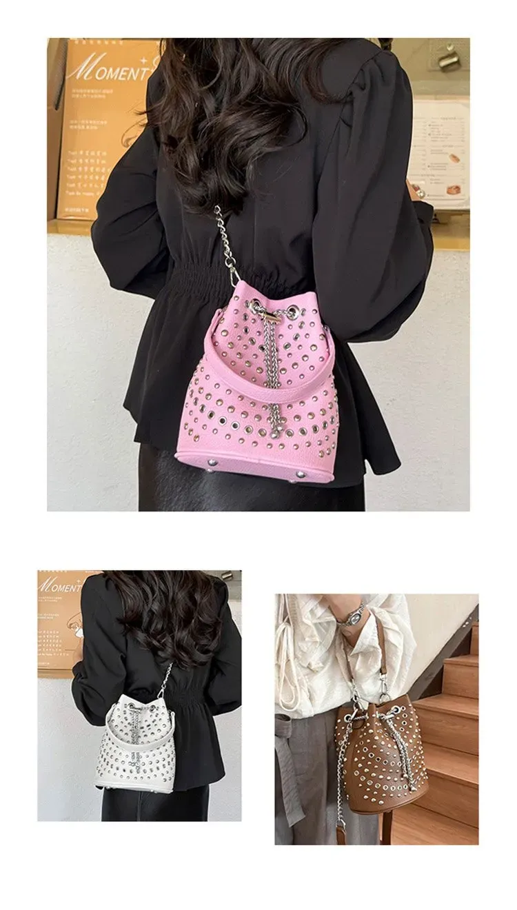 Tas Bucket Wanita Bahan PU Sintetis Motif Print Bentuk Bucket Tali Panjang untuk Reseller
