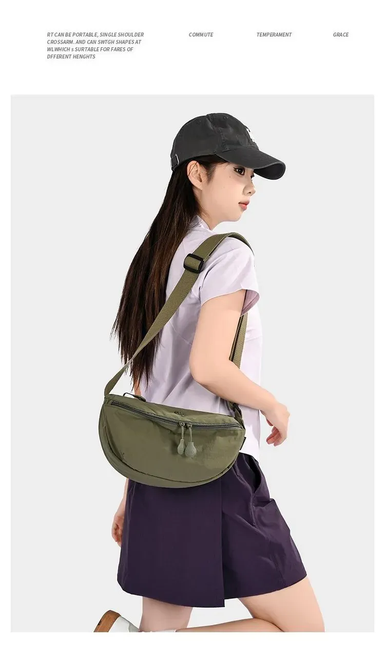 Tas Selempang Wanita Bahan Nylon Polos Warna Hitam Bentuk Crescent Tali Lebar Grosir Import