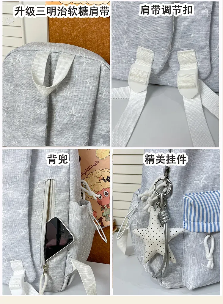 Tas Ransel Wanita Bahan Kain Motif Garis Warna Abu-Abu Bentuk Kotak Tali Lebar Grosir Import
