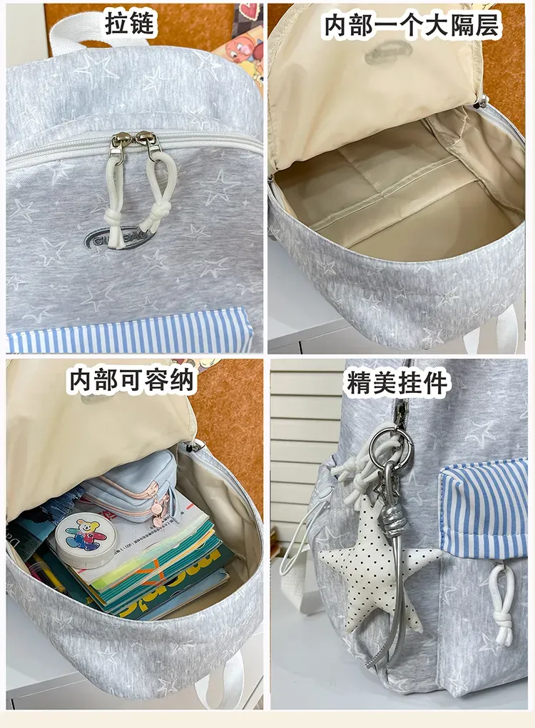 Tas Ransel Wanita Bahan Kain Motif Garis Warna Abu-Abu Bentuk Kotak Tali Lebar Grosir Import