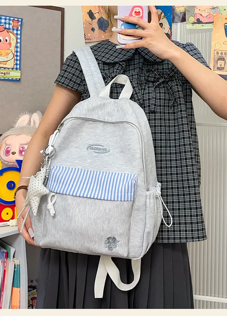 Tas Ransel Wanita Bahan Kain Motif Garis Warna Abu-Abu Bentuk Kotak Tali Lebar Grosir Import