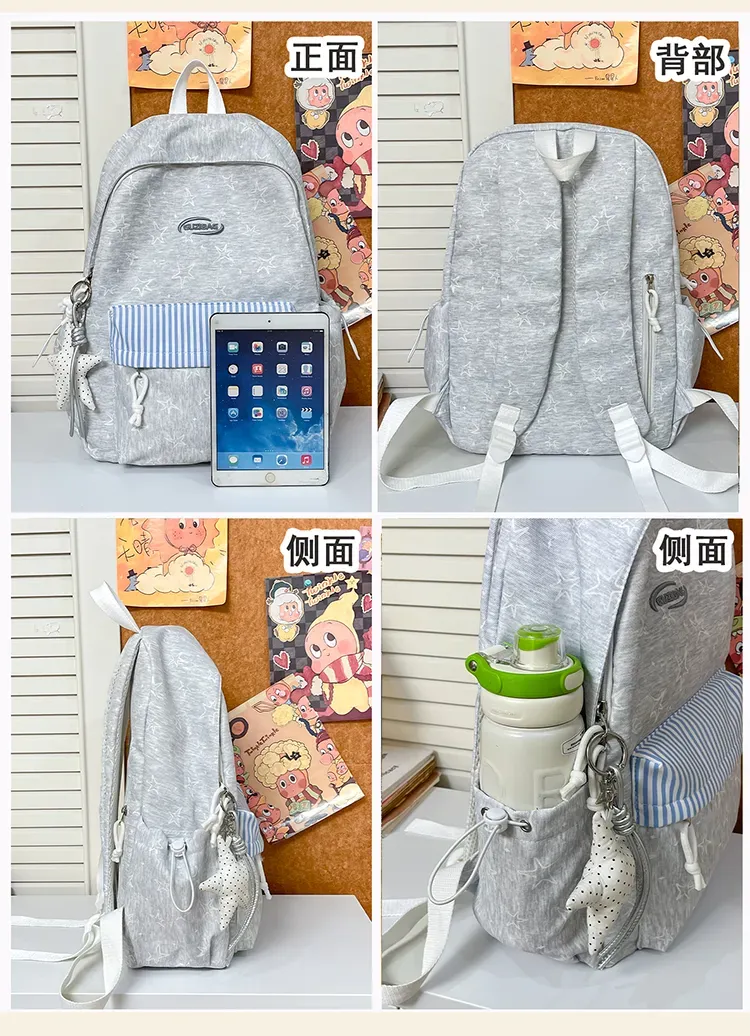Tas Ransel Wanita Bahan Kain Motif Garis Warna Abu-Abu Bentuk Kotak Tali Lebar Grosir Import