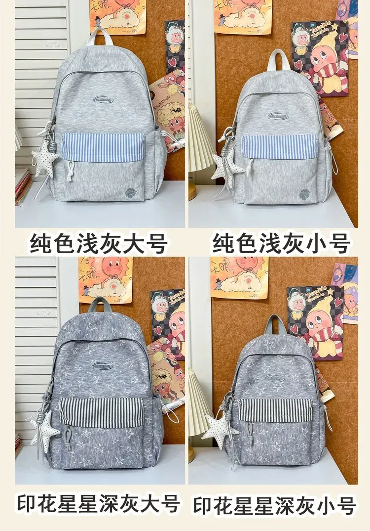 Tas Ransel Wanita Bahan Kain Motif Garis Warna Abu-Abu Bentuk Kotak Tali Lebar Grosir Import