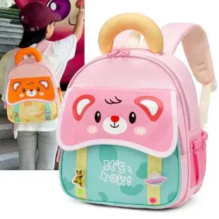 Tas Ransel Anak Bahan Kain Motif Print Warna Pink Bentuk Kotak Tali Lebar Grosir Import