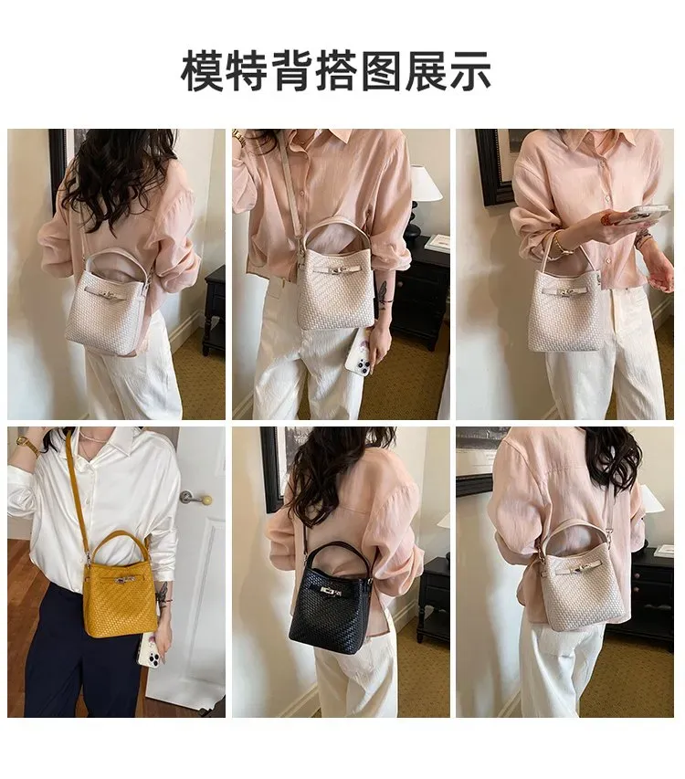 Tas Bucket Wanita Bahan PU Sintetis Tekstur Anyam Warna Hitam Bentuk Bucket Tali Grosir Import