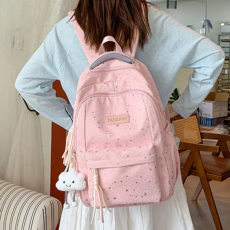 Tas Ransel Wanita Bahan Nylon Motif Print Warna Putih Bentuk Kotak Tali Lebar Grosir Import