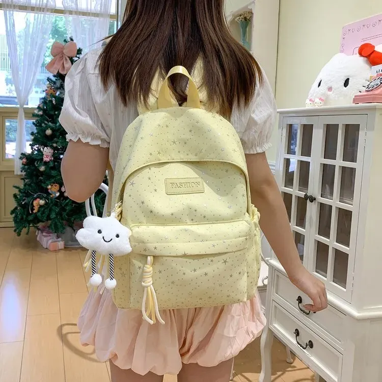 Tas Ransel Wanita Bahan Nylon Motif Print Warna Putih Bentuk Kotak Tali Lebar Grosir Import
