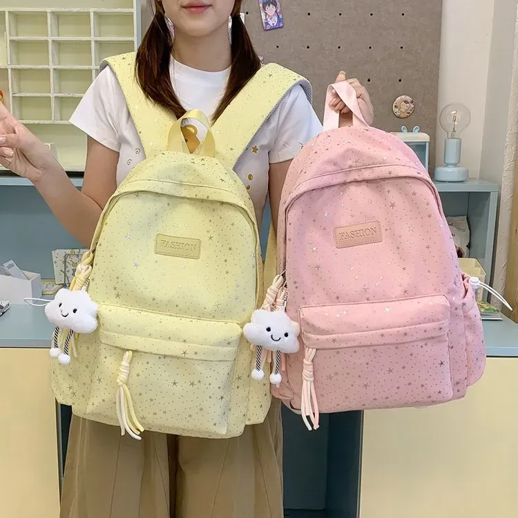 Tas Ransel Wanita Bahan Nylon Motif Print Warna Putih Bentuk Kotak Tali Lebar Grosir Import