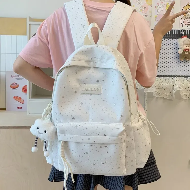 Tas Ransel Wanita Bahan Nylon Motif Print Warna Putih Bentuk Kotak Tali Lebar Grosir Import