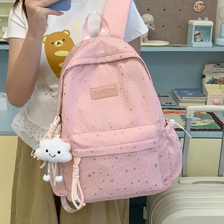 Tas Ransel Wanita Bahan Nylon Motif Print Warna Putih Bentuk Kotak Tali Lebar Grosir Import
