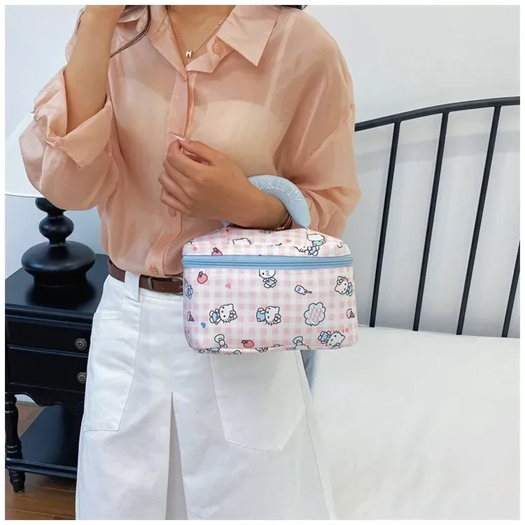Tas Kosmetik Bahan PU Sintetis Motif Polkadot Warna Putih Bentuk Kotak Tali untuk Toko Online