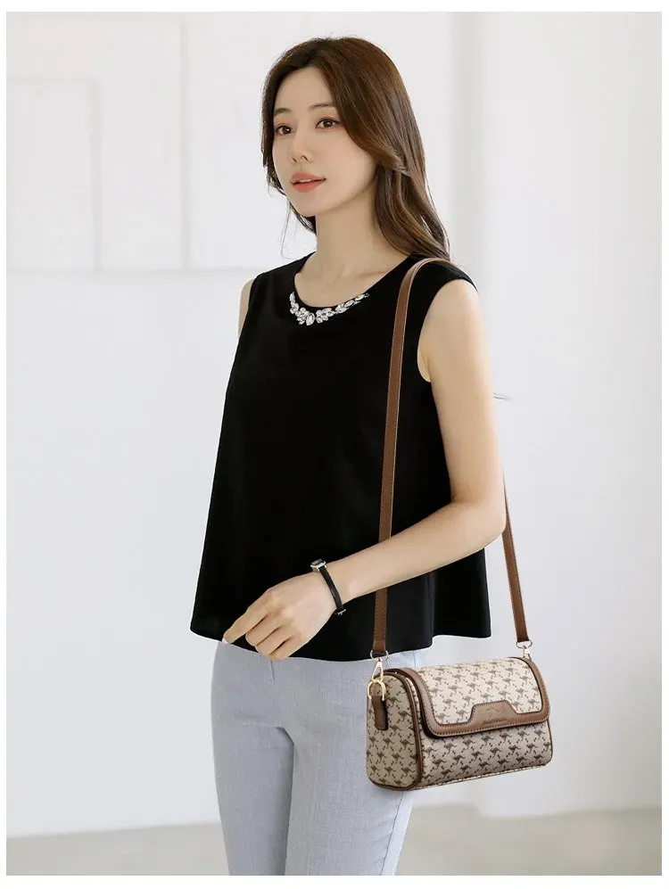 Tas Selempang Wanita Bahan Kain Motif Print Warna Gold Bentuk Kotak Tali Panjang Grosir Import