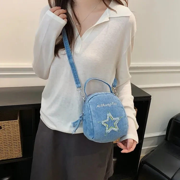 Tas Tote Wanita Bahan PU Sintetis Motif Bintang Warna Biru Bentuk Bulat Tali Grosir Import