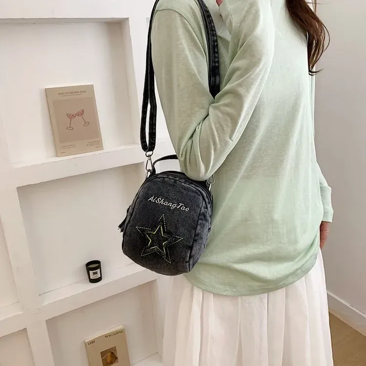 Tas Tote Wanita Bahan PU Sintetis Motif Bintang Warna Biru Bentuk Bulat Tali Grosir Import