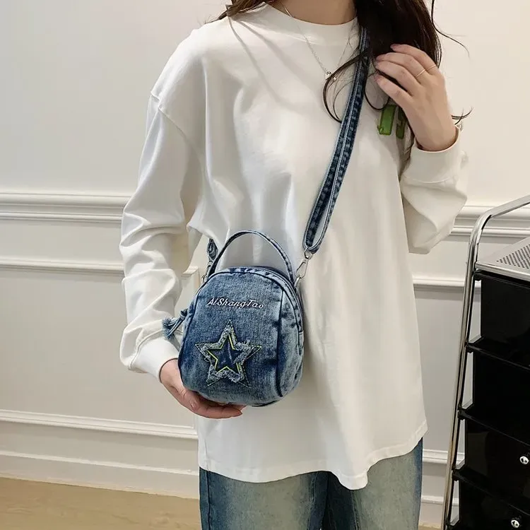 Tas Tote Wanita Bahan PU Sintetis Motif Bintang Warna Biru Bentuk Bulat Tali Grosir Import