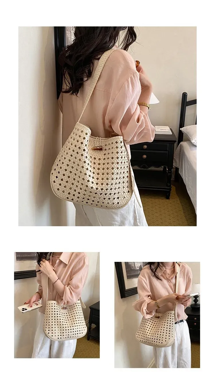 Tas Selempang Wanita Bahan PU Sintetis Tekstur Anyam Warna Hitam Bentuk Crescent Grosir Import