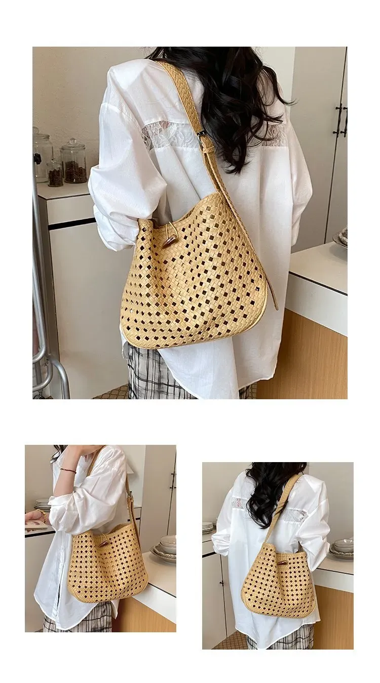 Tas Selempang Wanita Bahan PU Sintetis Tekstur Anyam Warna Hitam Bentuk Crescent Grosir Import