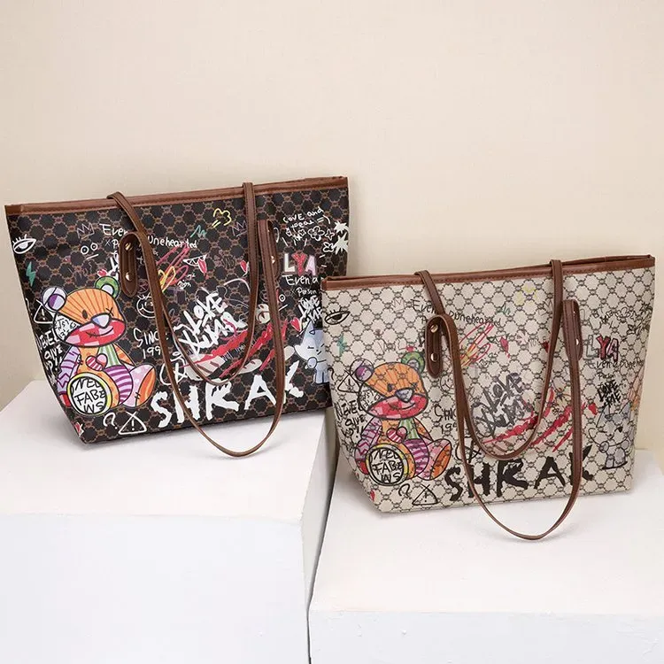 Tas Tote Wanita Bahan PU Sintetis Motif Print Warna Putih Bentuk Kotak Tali Grosir Import