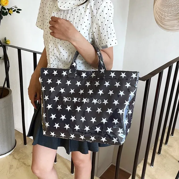Tas Tote Wanita Bahan PU Sintetis Motif Print Warna Hitam Bentuk Kotak Tali Grosir Import