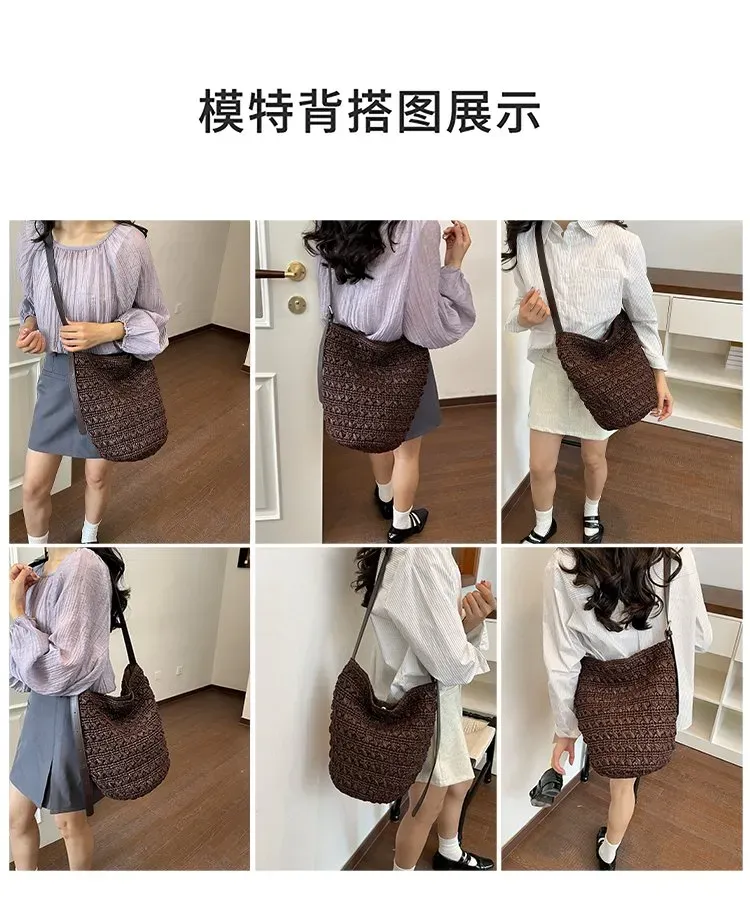 Tas Bucket Wanita Bahan PU Sintetis Tekstur Anyam Bentuk Bucket Tali Panjang Grosir Import